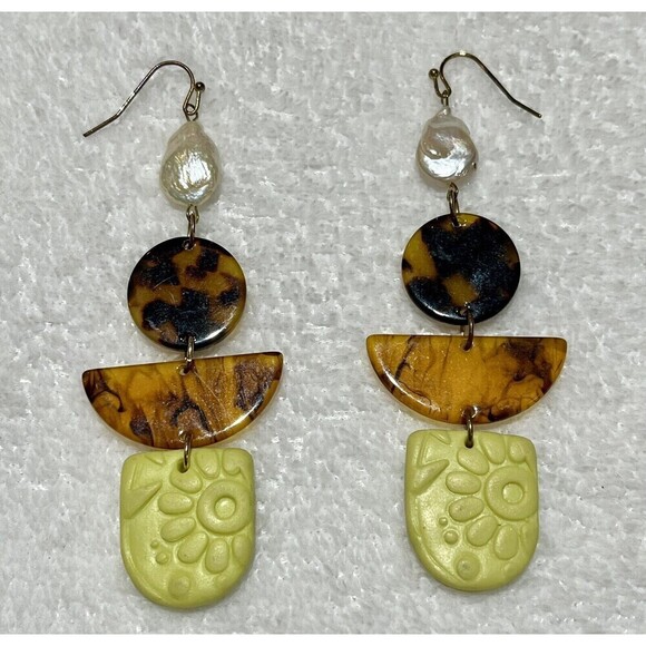 Handmade Fresh Water Pearl Tortoiseshell Polymer Clay Earrings Boho - Picture 2 of 7